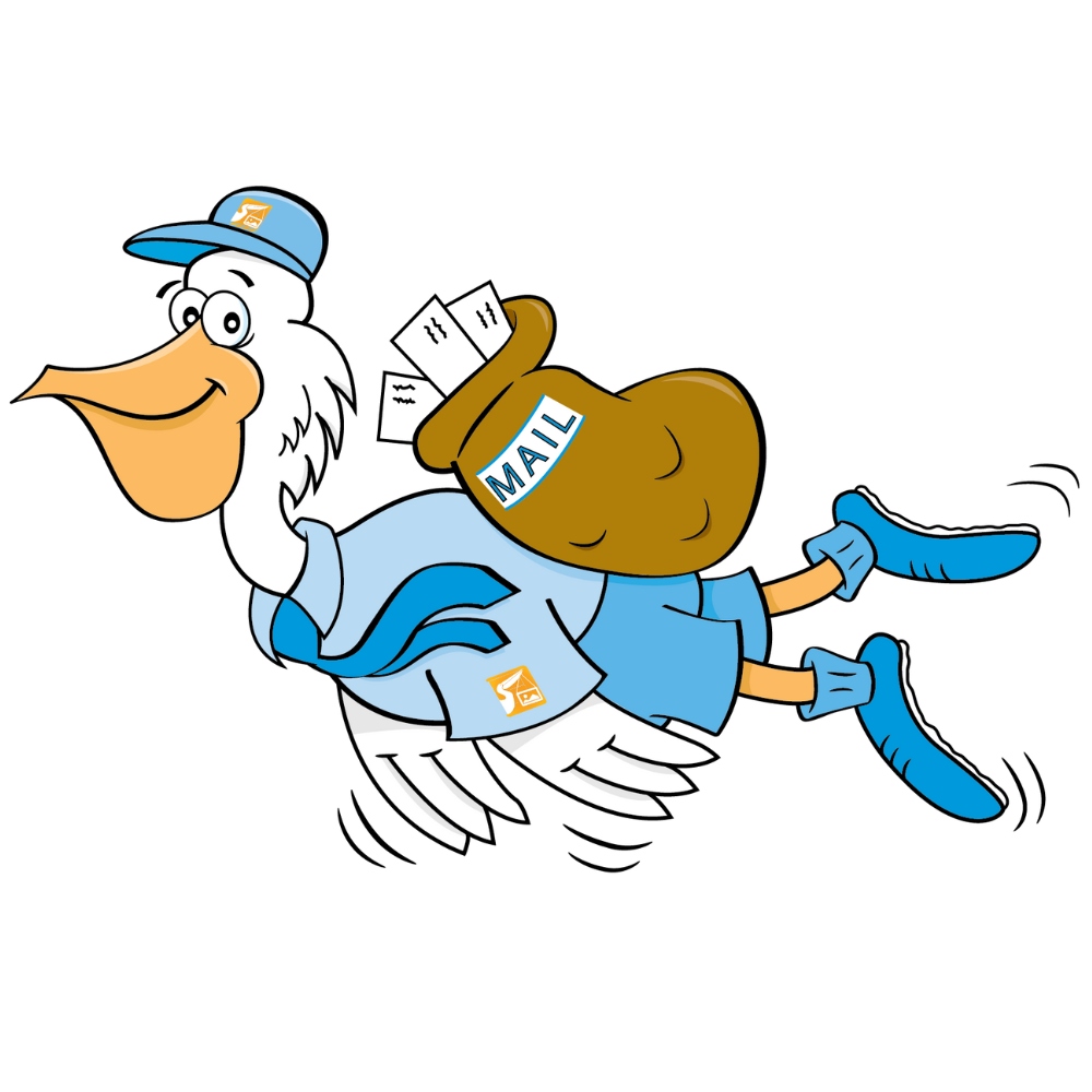 Pauly the Pelipost pelican flying cheerfully with a letter, ready to help
